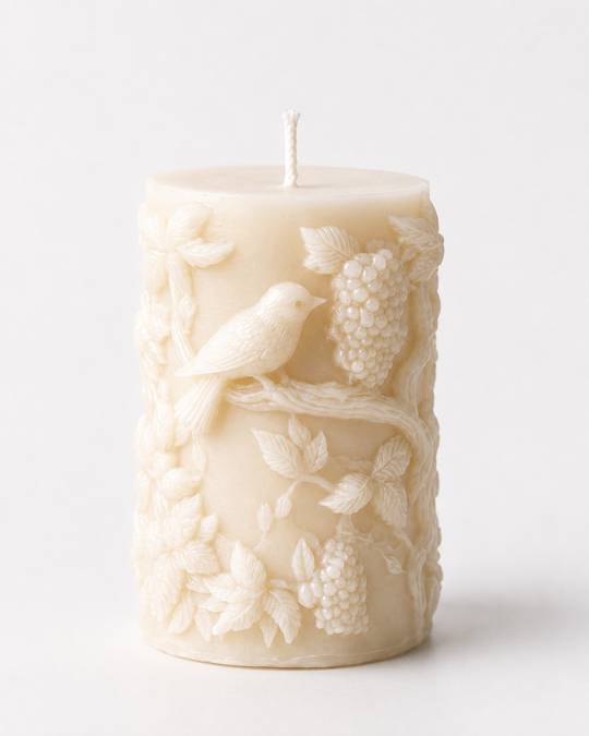 Grey Exim bird and berry botanical relief pillar French Vanilla candle front view