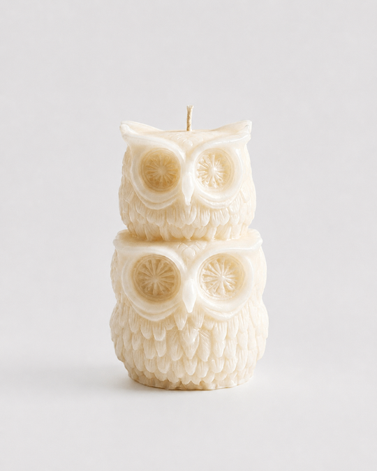 Grey Exim double owl sculpture French Vanilla candle front view