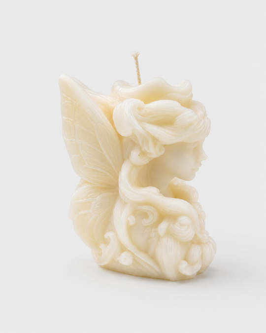 Grey Exim fairy sculpture French Vanilla candle front view