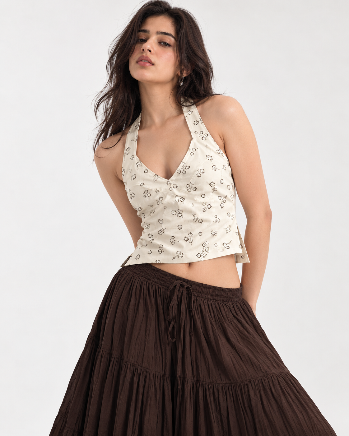 Cream brown floral halter crop top on model front