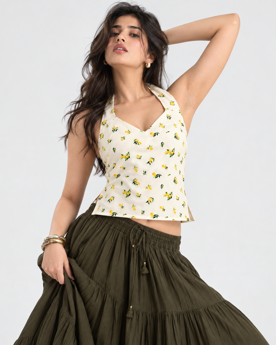 Cream yellow lemon print halter crop top on model front
