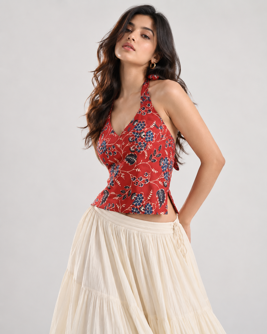 Red blue floral halter crop top on model front