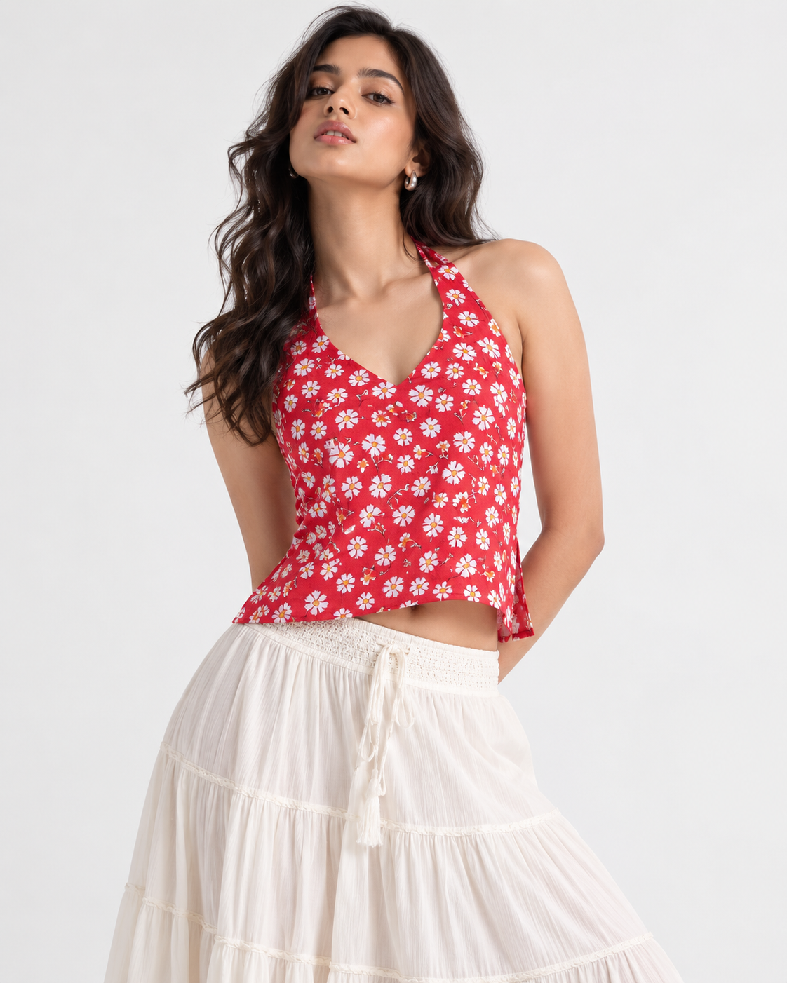 Red white daisy floral halter crop top on model front