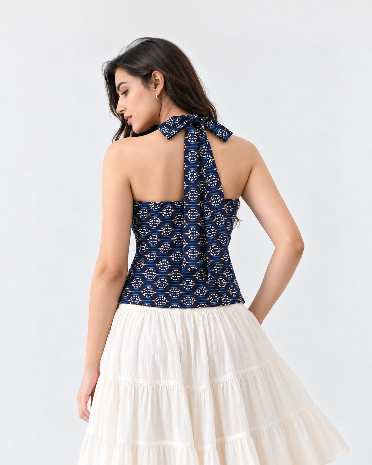 Navy Geometric Halter Crop Top