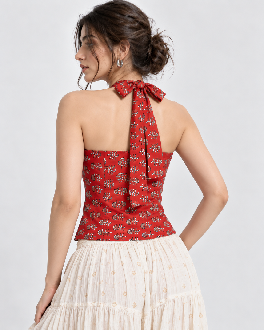 Red white abstract halter crop top on model back