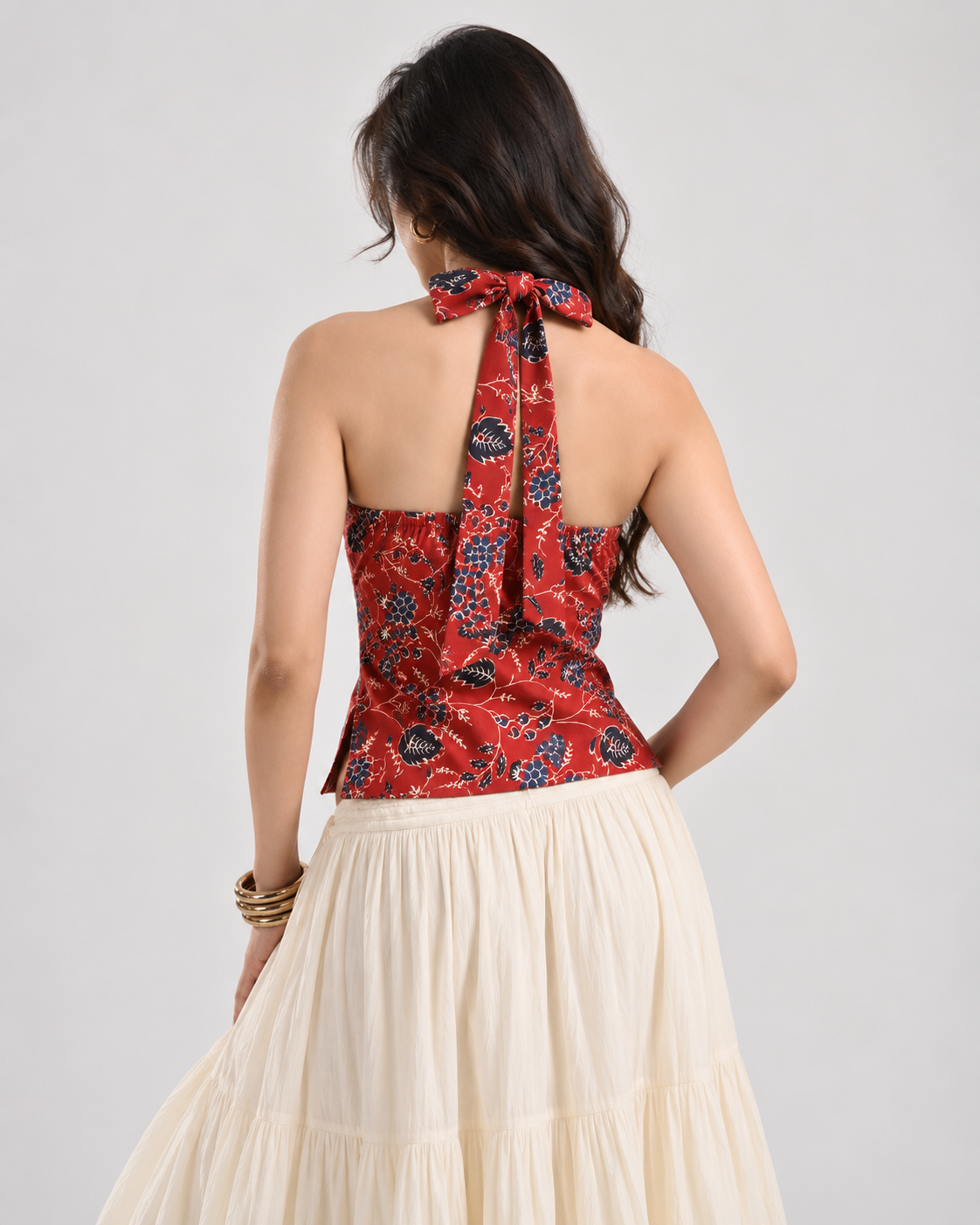 Red blue floral halter crop top on model back