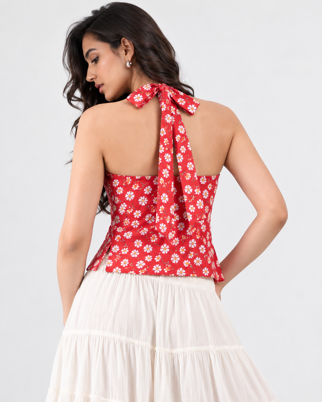 Red white daisy floral halter crop top on model back