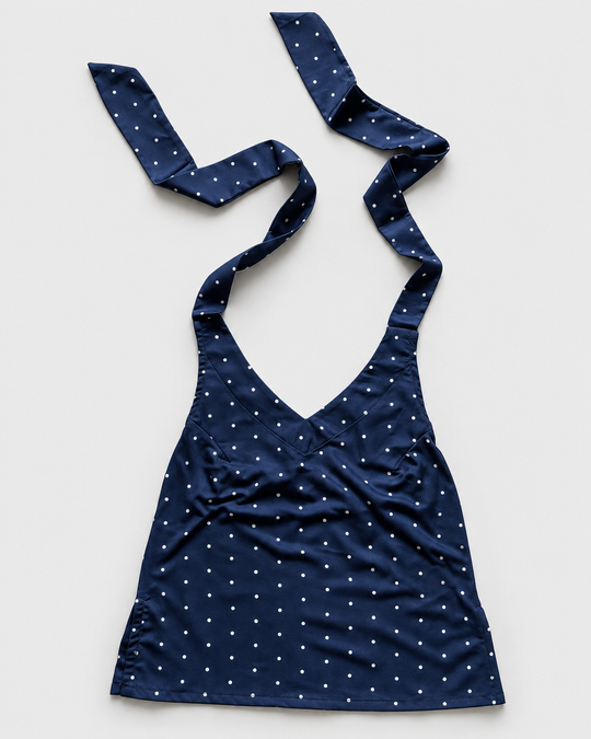 Navy blue white polka-dot halter crop top front