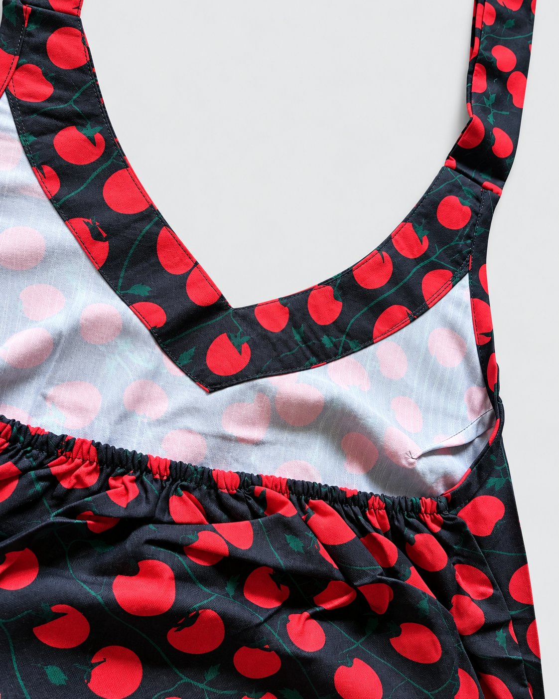 Black red tomato print halter crop top detail