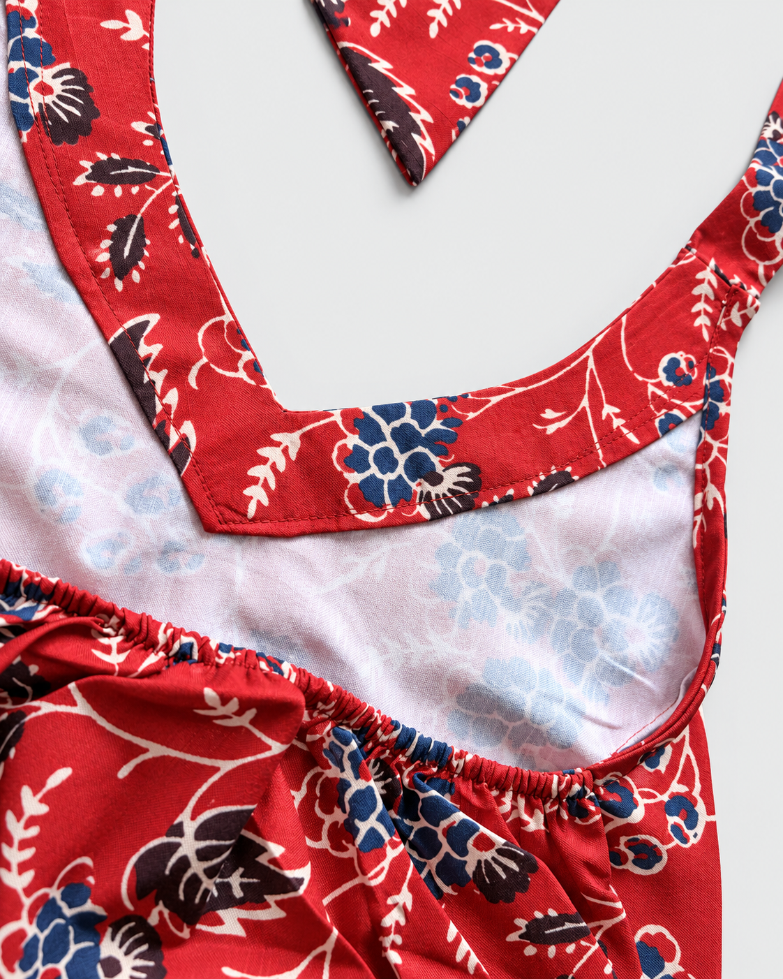 Red blue floral halter crop top detail