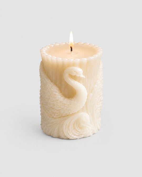 Grey Exim ivory swan sculpture French Vanilla candle front view