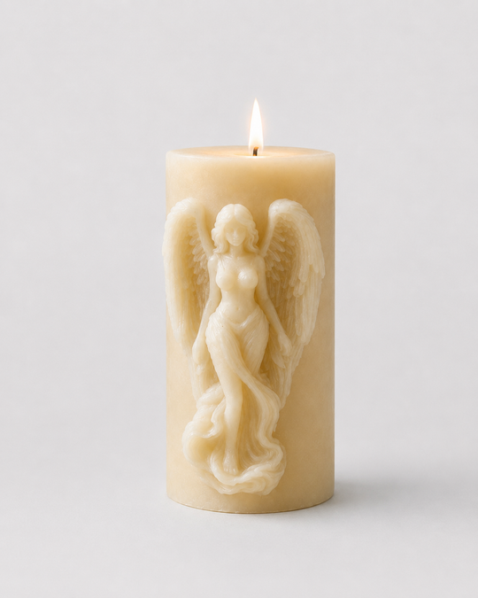 Grey Exim angel wing pillar sculpture French Vanilla candle front view