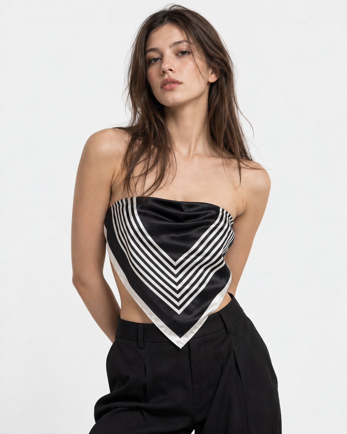 Black & White Striped Chevron Pattern Printed Square Scarf