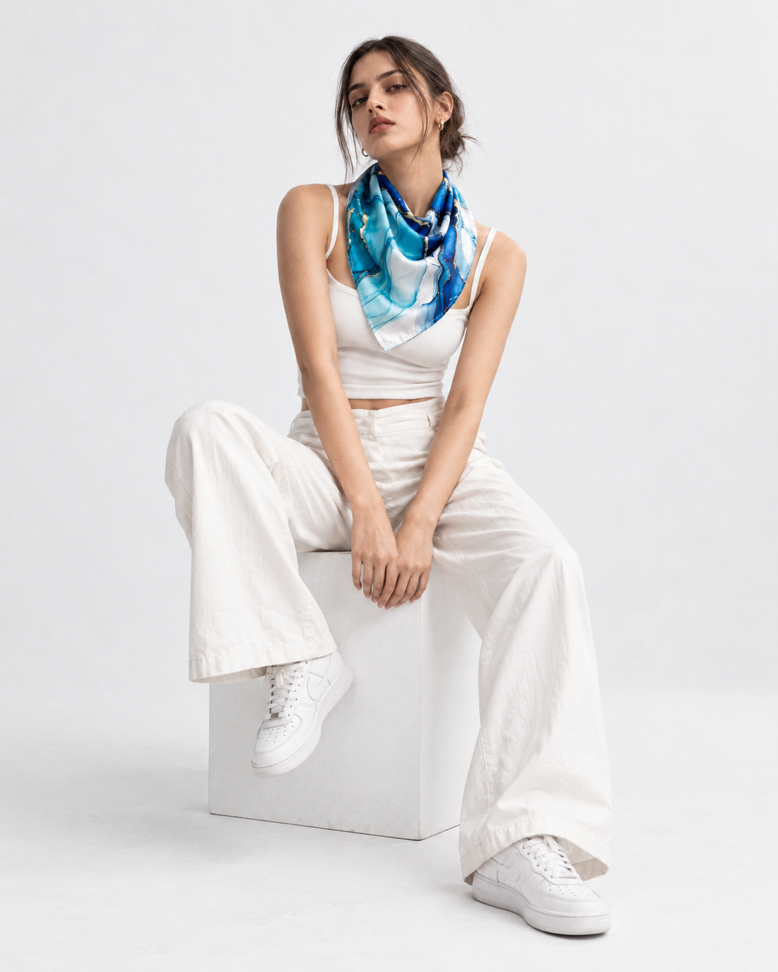 Blue & Gold Marble Printed Square Scarf