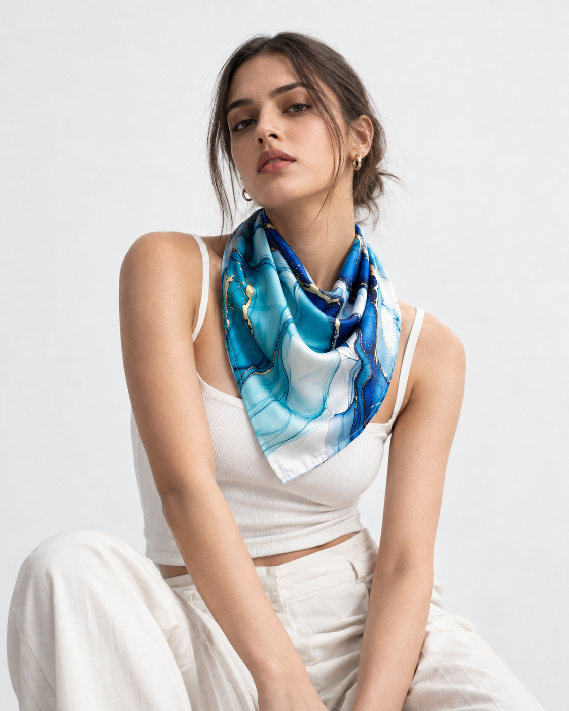 Blue & Gold Marble Printed Square Scarf