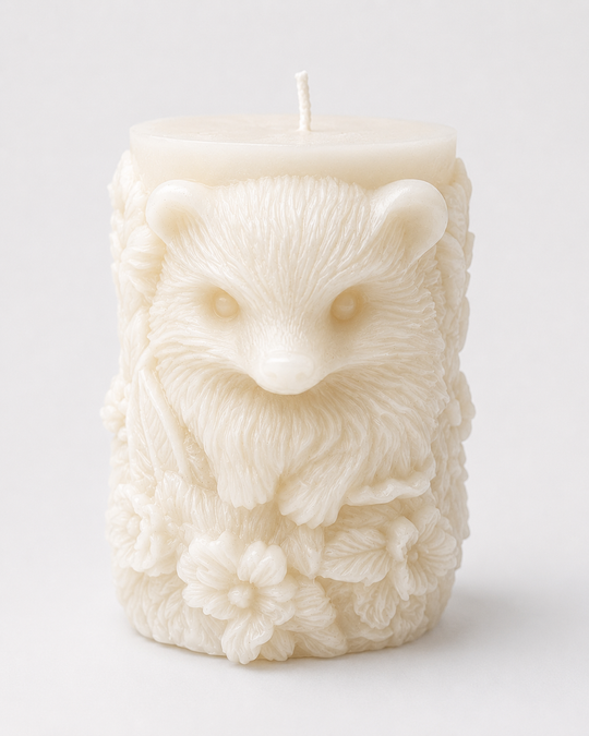 Grey Exim hedgehog and floral relief pillar French Vanilla candle front view
