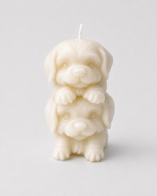 Grey Exim duo puppy sculpture French Vanilla candle front view