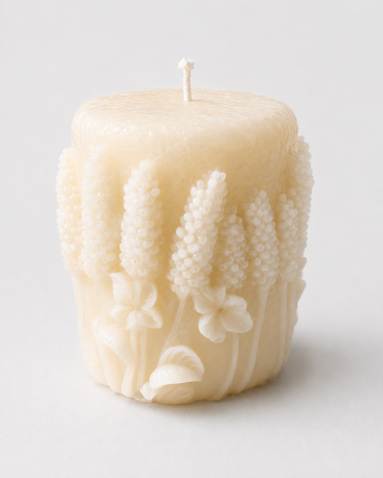 Grey Exim sculpted floral pillar French Vanilla candle front view