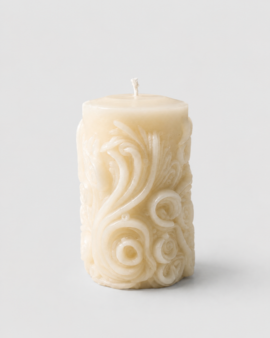 Grey Exim ornate floral pillar scented candle front view
