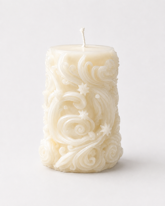 Grey Exim ornate scrollwork floral pillar French Vanilla candle front view