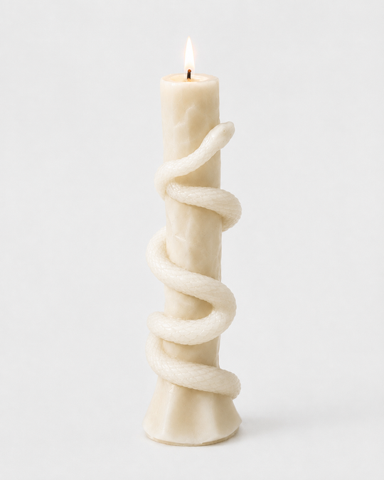 Grey Exim sculpted serpent French Vanilla candle front view